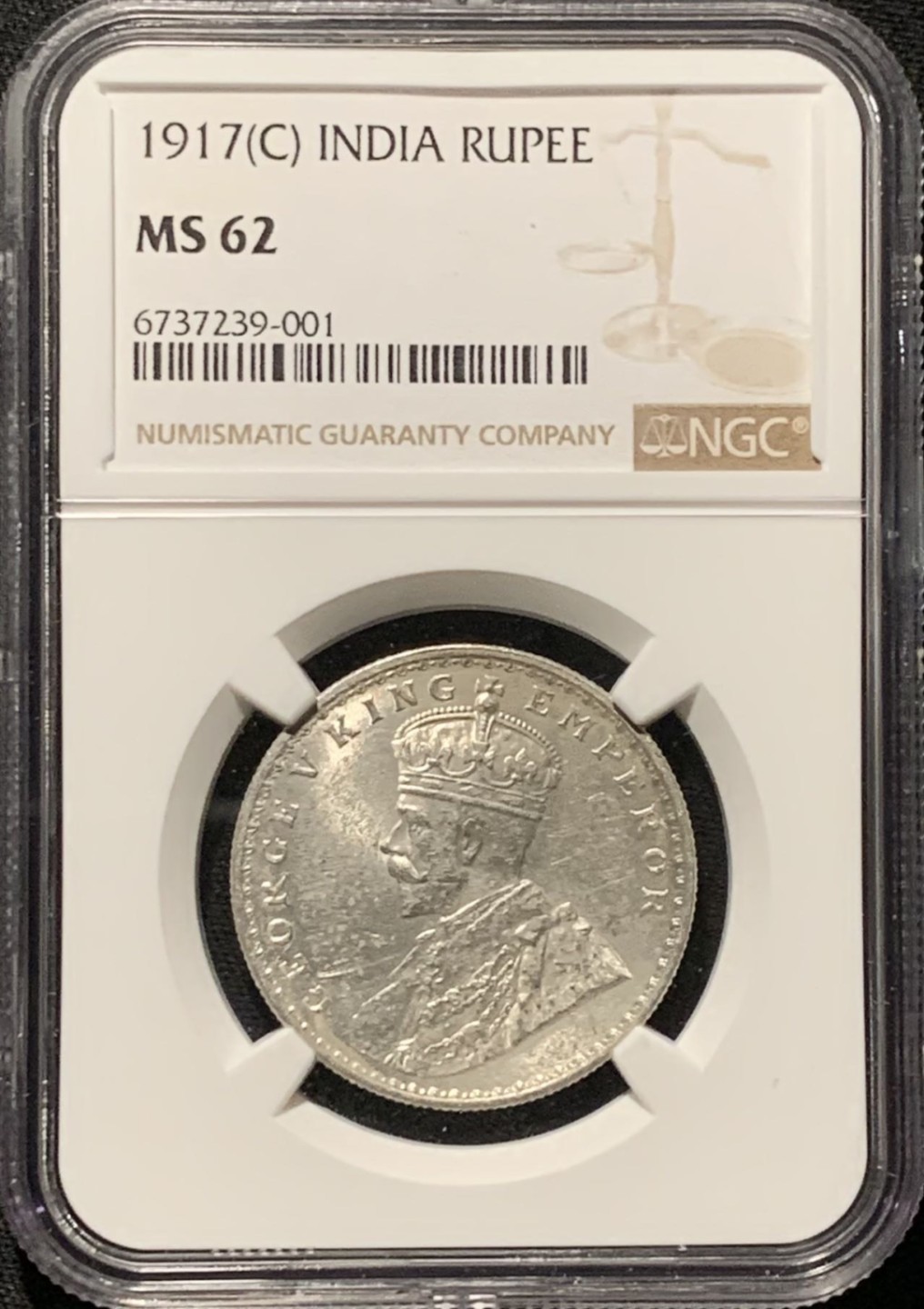 紫瑗钱币——第262期拍卖 英属印度 1917年 C版 乔治五世 1卢比 银币 NGC MS62