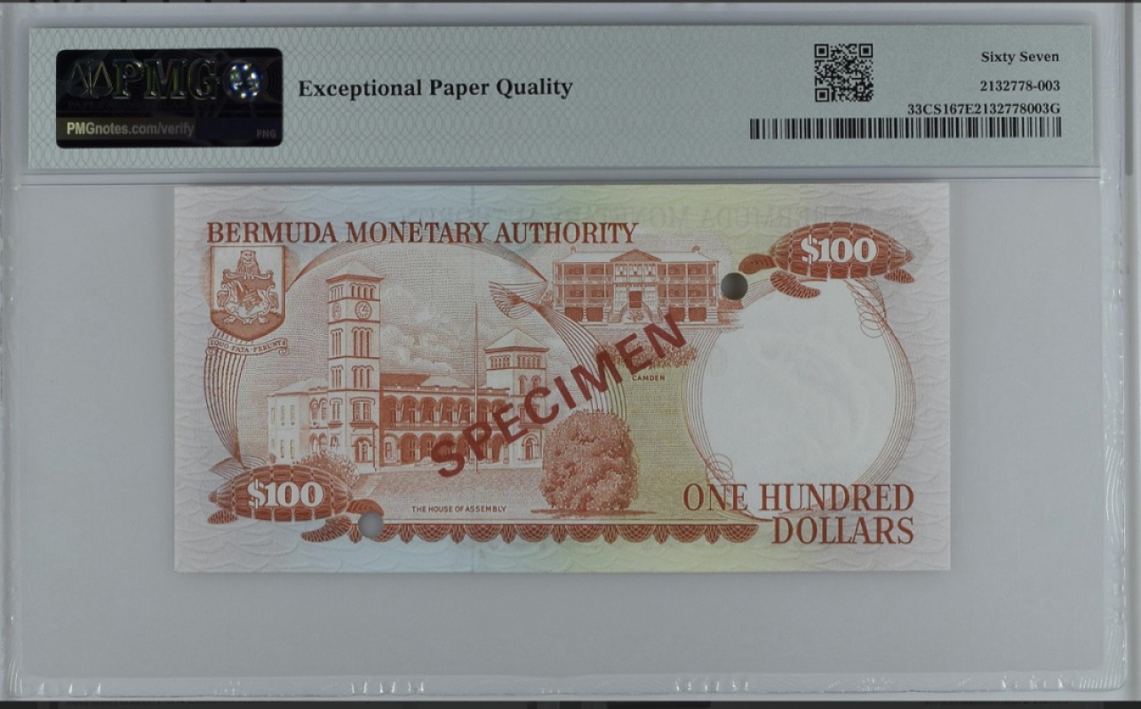 收藏联盟Quantum Auction 第249期拍卖  百慕大1985年100元收藏样票 PMG67 官方限量发行