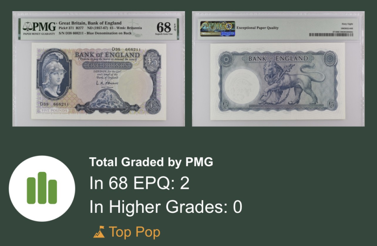 收藏联盟Quantum Auction 第249期拍卖  英国1957-67年5镑 PMG68 冠军分 号码无47 帝国女神