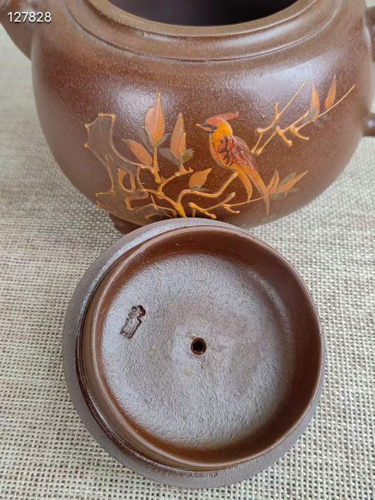 旧藏 紫砂壶有兰秘制款老紫砂砂料制成 彩绘花鸟纹 诗文 全品器 制作精良 品相完好