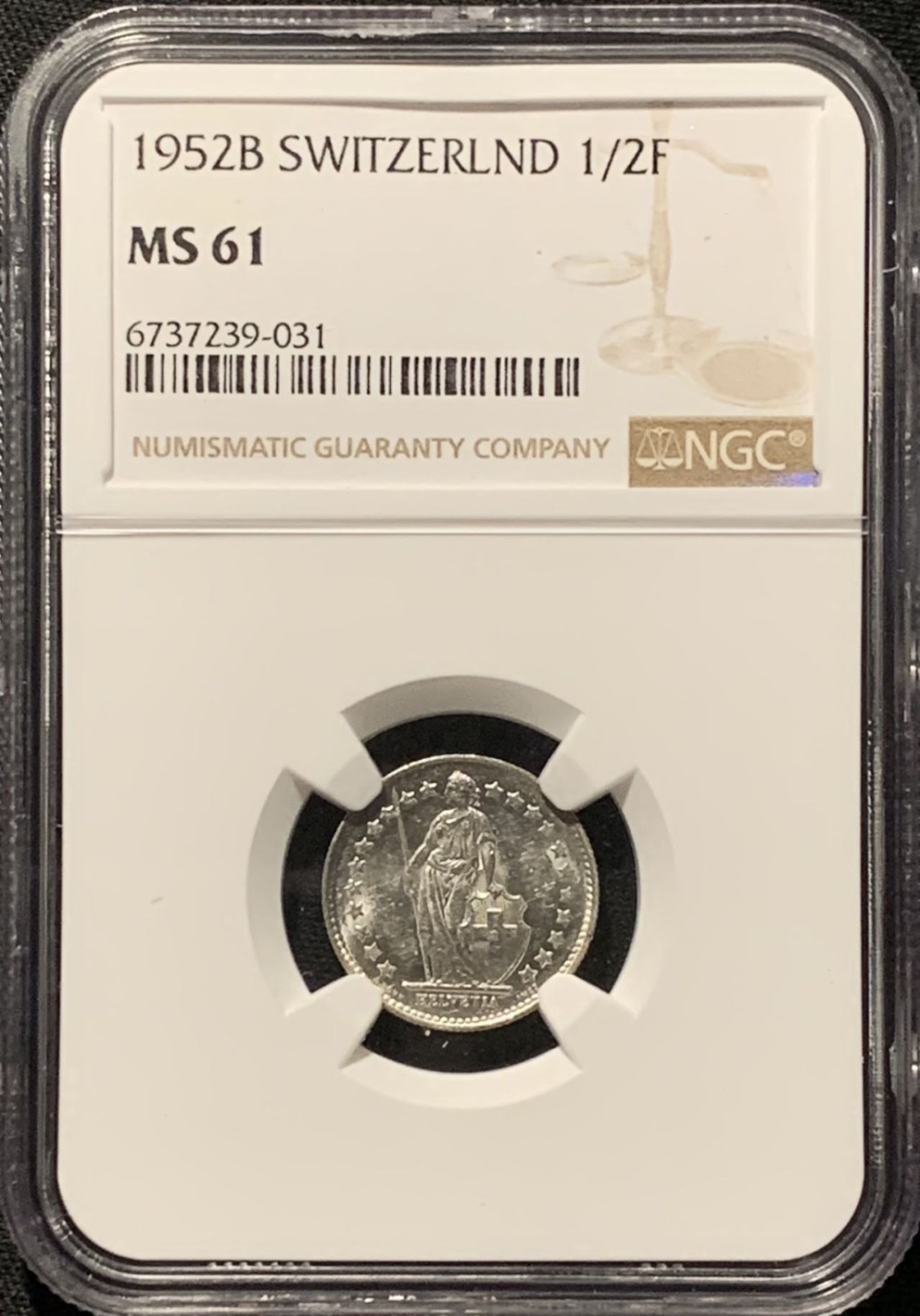 紫瑗钱币——第262期拍卖 瑞士 1952年 赫尔维蒂亚 1/2法郎 银币 NGC MS61