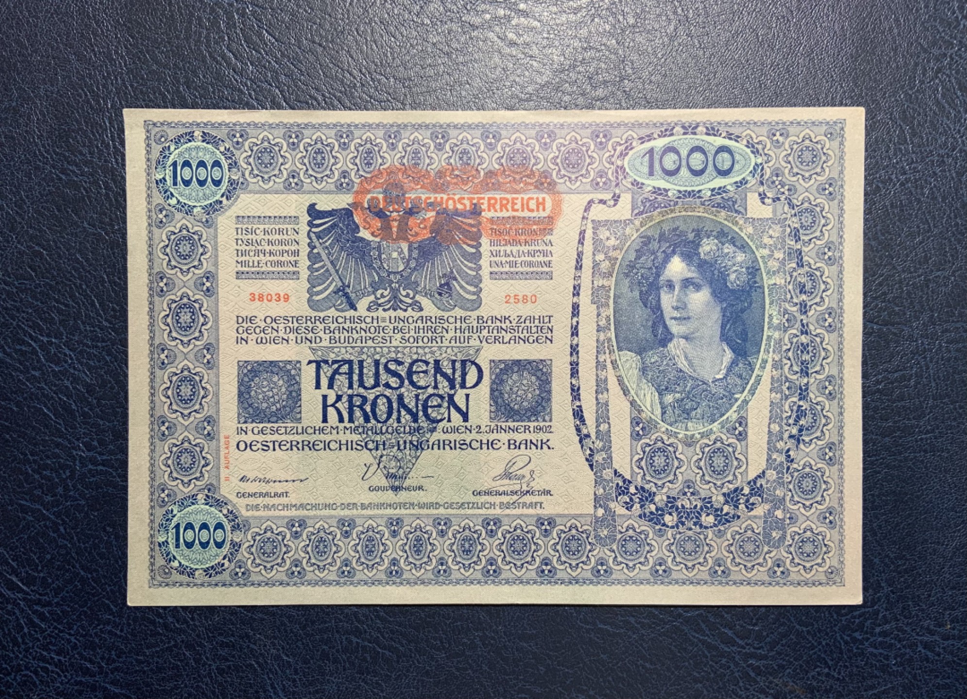 收藏联盟Quantum Auction 第249期拍卖  奥匈帝国1919年1000克朗加盖 品相UNC- 稀少