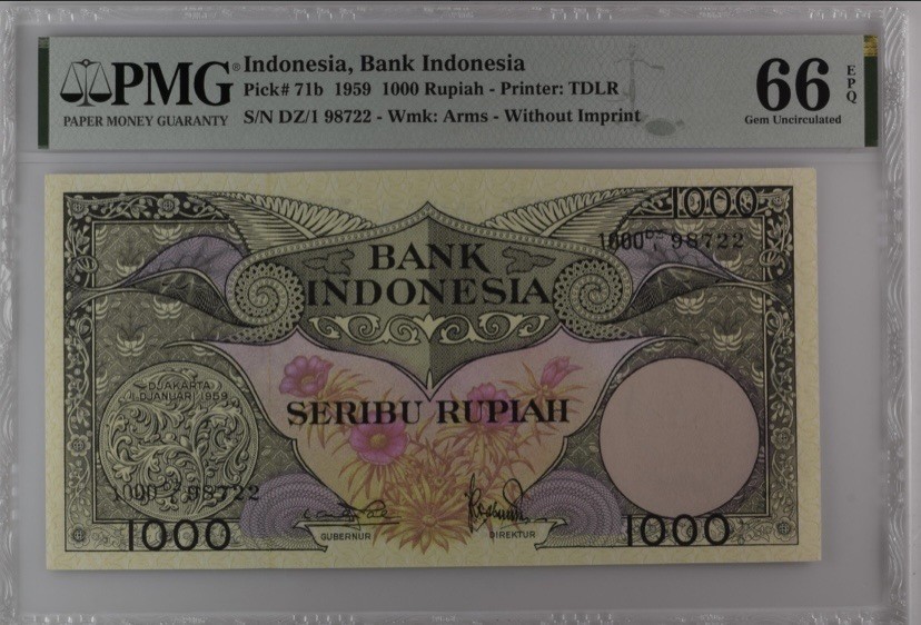 收藏联盟Quantum Auction 第249期拍卖  印度尼西亚1959年1000卢比 PMG66 爱情鸟