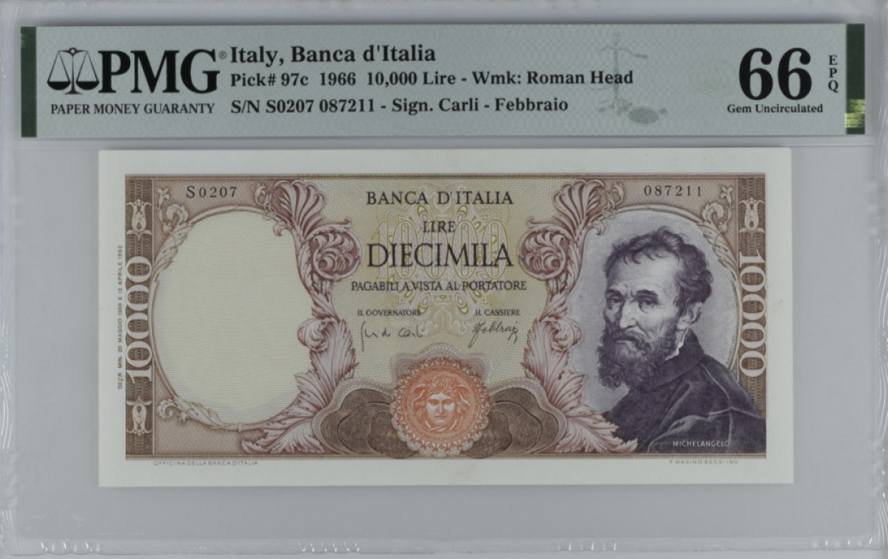 收藏联盟Quantum Auction 第249期拍卖  意大利1966年10000里拉 PMG66 文艺复兴大师米开朗基罗 相对少见年份