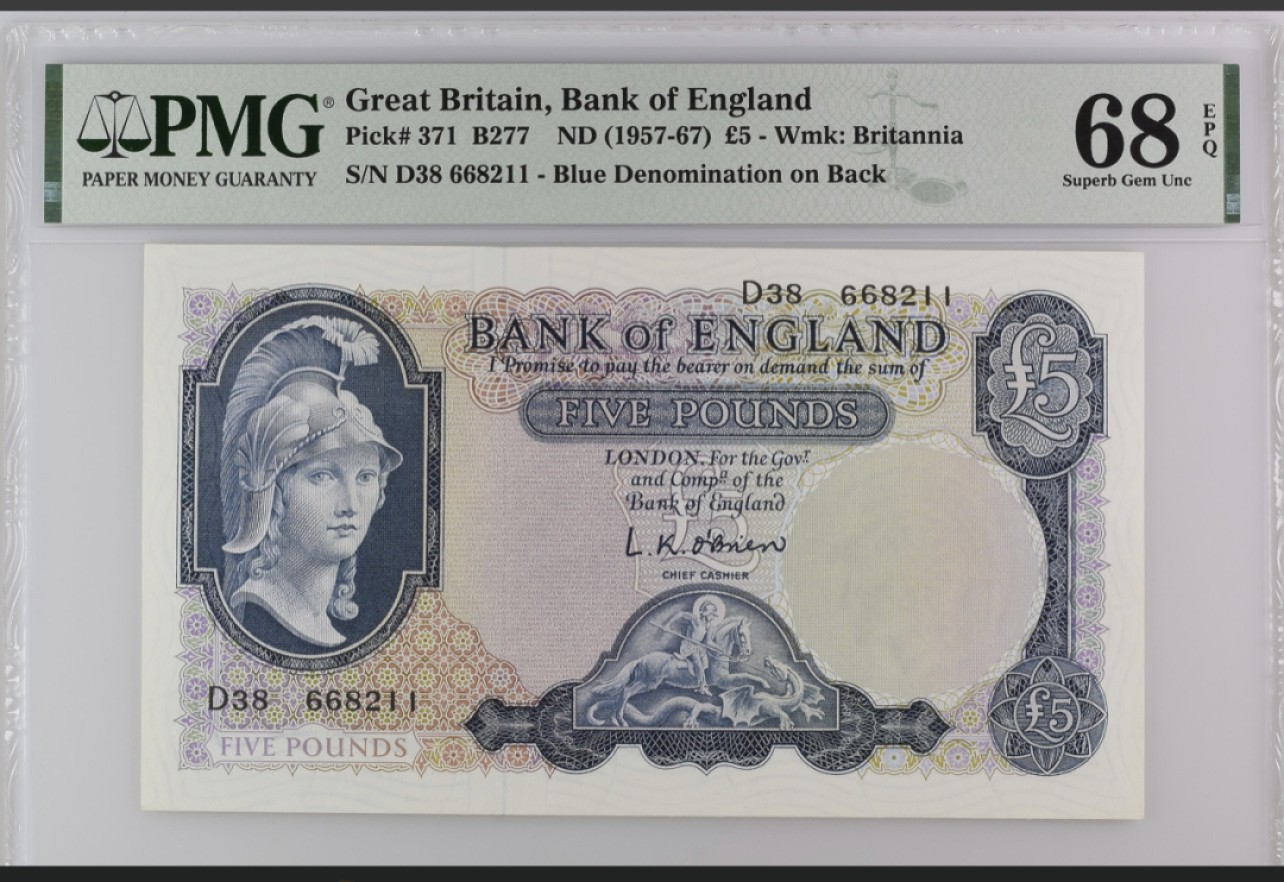 收藏联盟Quantum Auction 第249期拍卖  英国1957-67年5镑 PMG68 冠军分 号码无47 帝国女神
