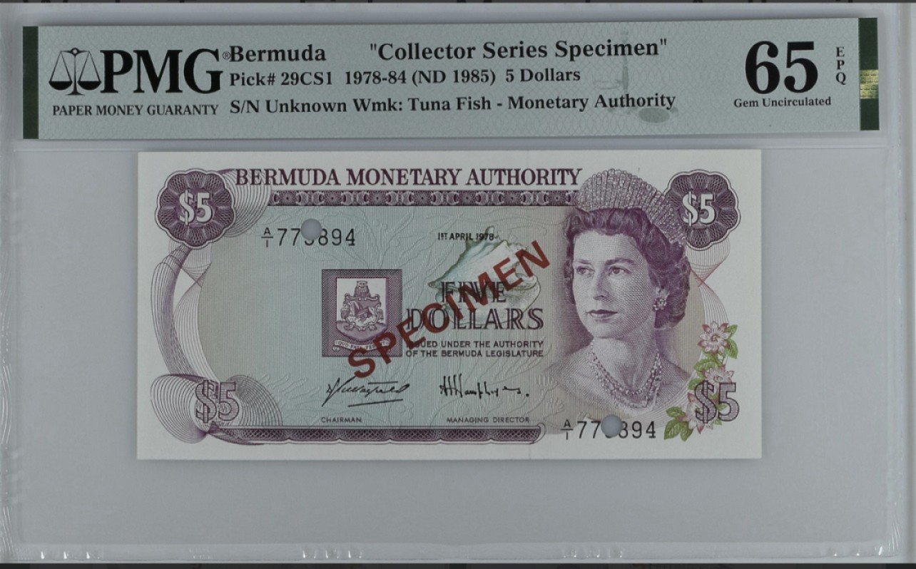 收藏联盟Quantum Auction 第249期拍卖  百慕大1985年5元收藏样票 PMG65 官方限量发行
