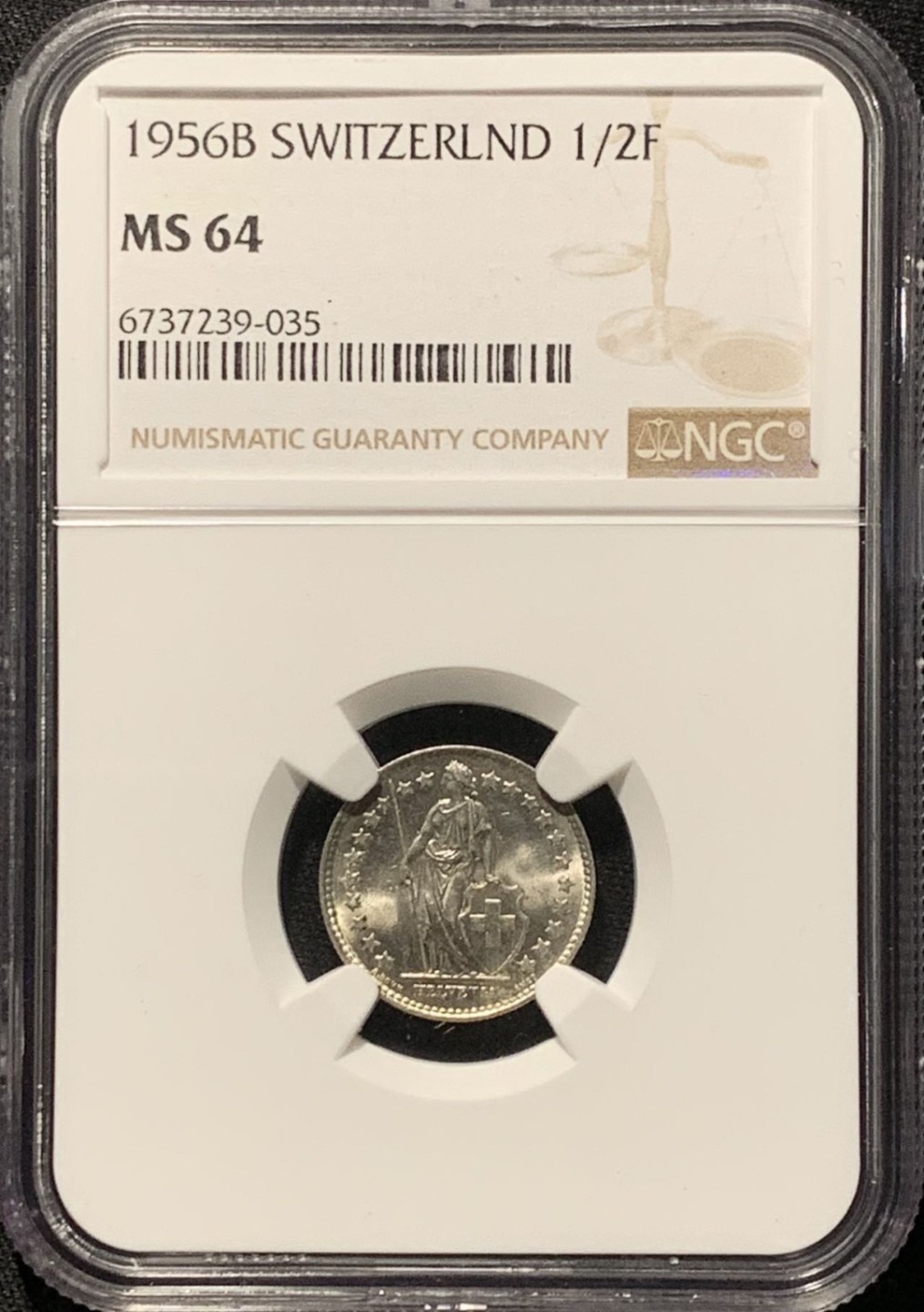 紫瑗钱币——第262期拍卖 瑞士 1956年 赫尔维蒂亚 1/2法郎 银币 NGC MS64