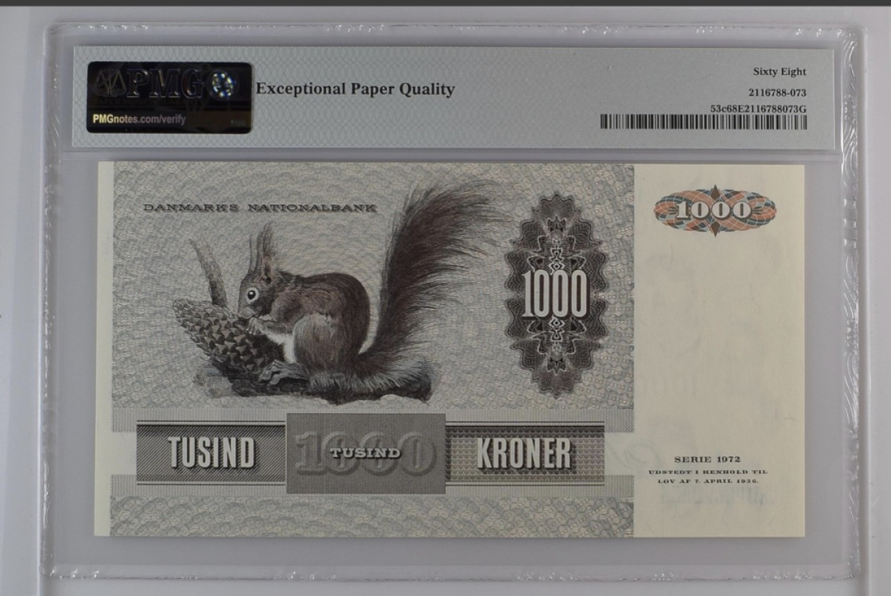 收藏联盟Quantum Auction 第249期拍卖  丹麦1980年1000克朗 PMG68 稀有年份 无47 大松鼠 美女作家海贝尔夫人
