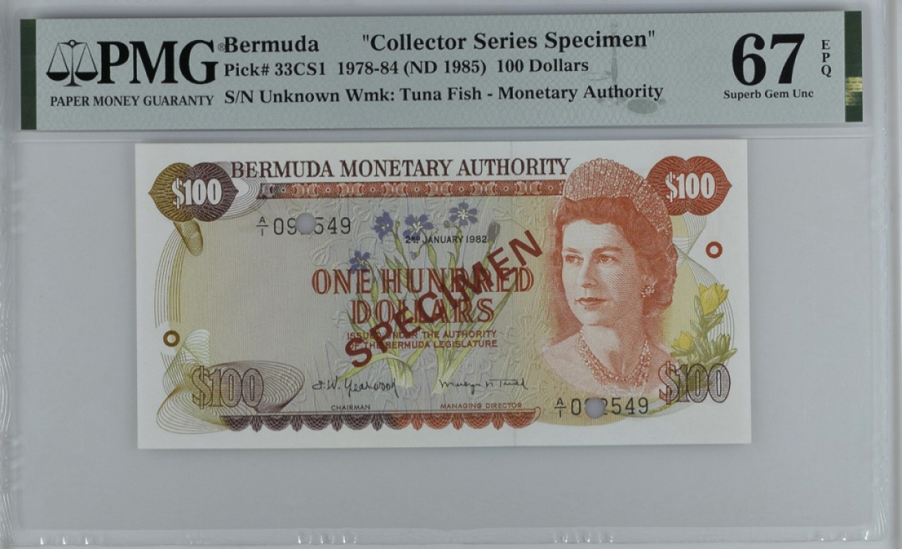 收藏联盟Quantum Auction 第249期拍卖  百慕大1985年100元收藏样票 PMG67 官方限量发行