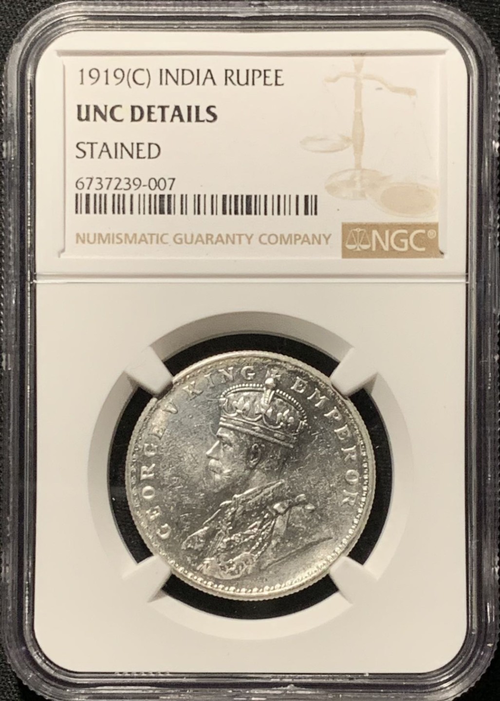 紫瑗钱币——第262期拍卖 英属印度 1919年 C版 乔治五世 1卢比 银币 NGC UNC Detail