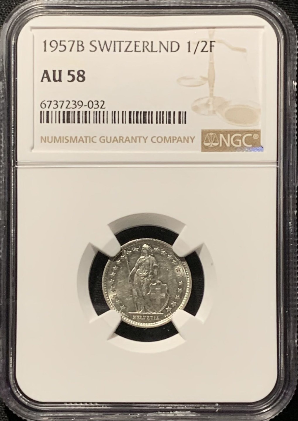 紫瑗钱币——第262期拍卖 瑞士 1957年 赫尔维蒂亚 1/2法郎 银币 NGC AU58