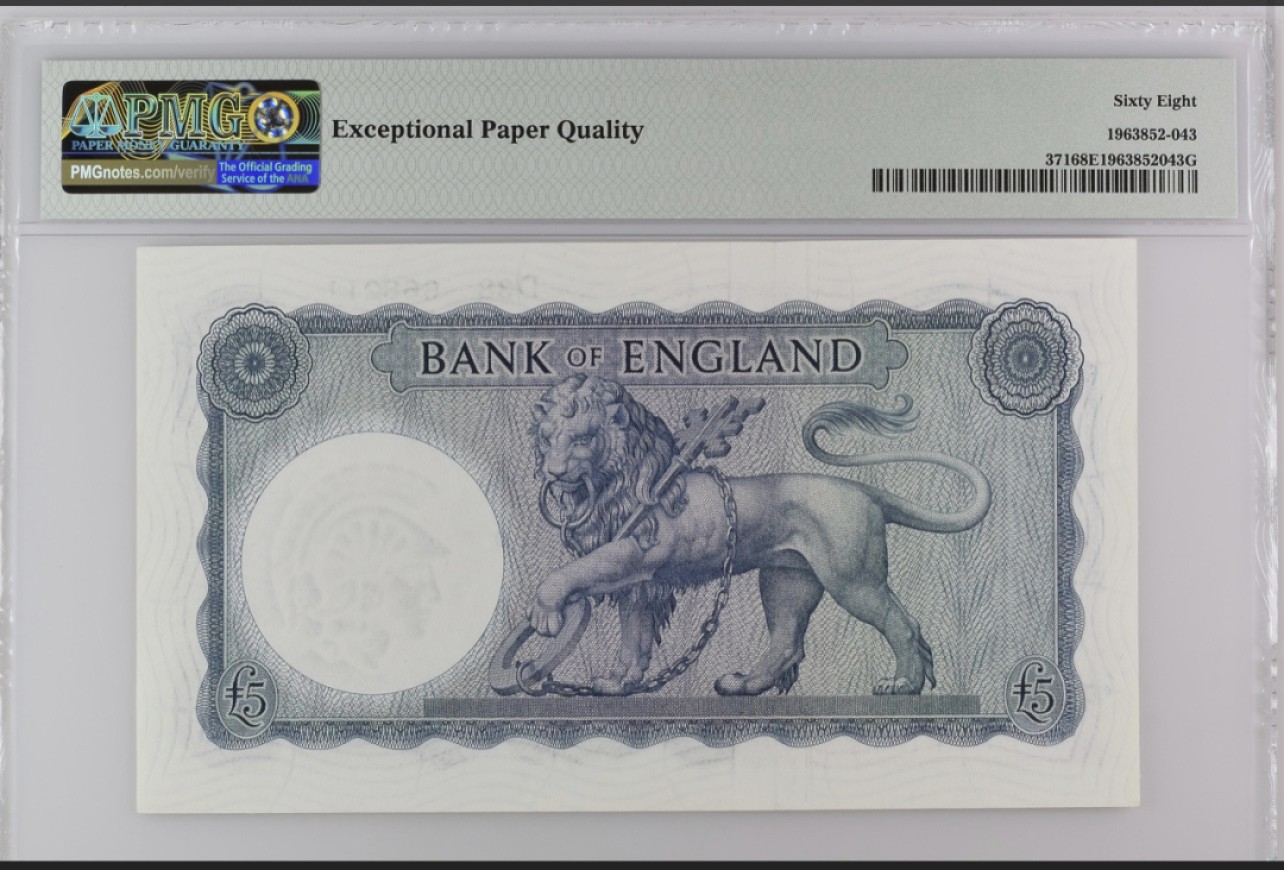 收藏联盟Quantum Auction 第249期拍卖  英国1957-67年5镑 PMG68 冠军分 号码无47 帝国女神