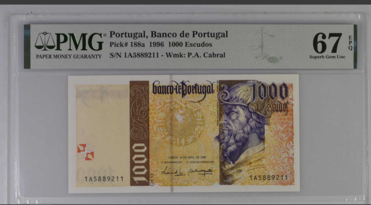 收藏联盟Quantum Auction 第249期拍卖  葡萄牙1996年1000埃斯库多 PMG67 初版1A冠 少见
