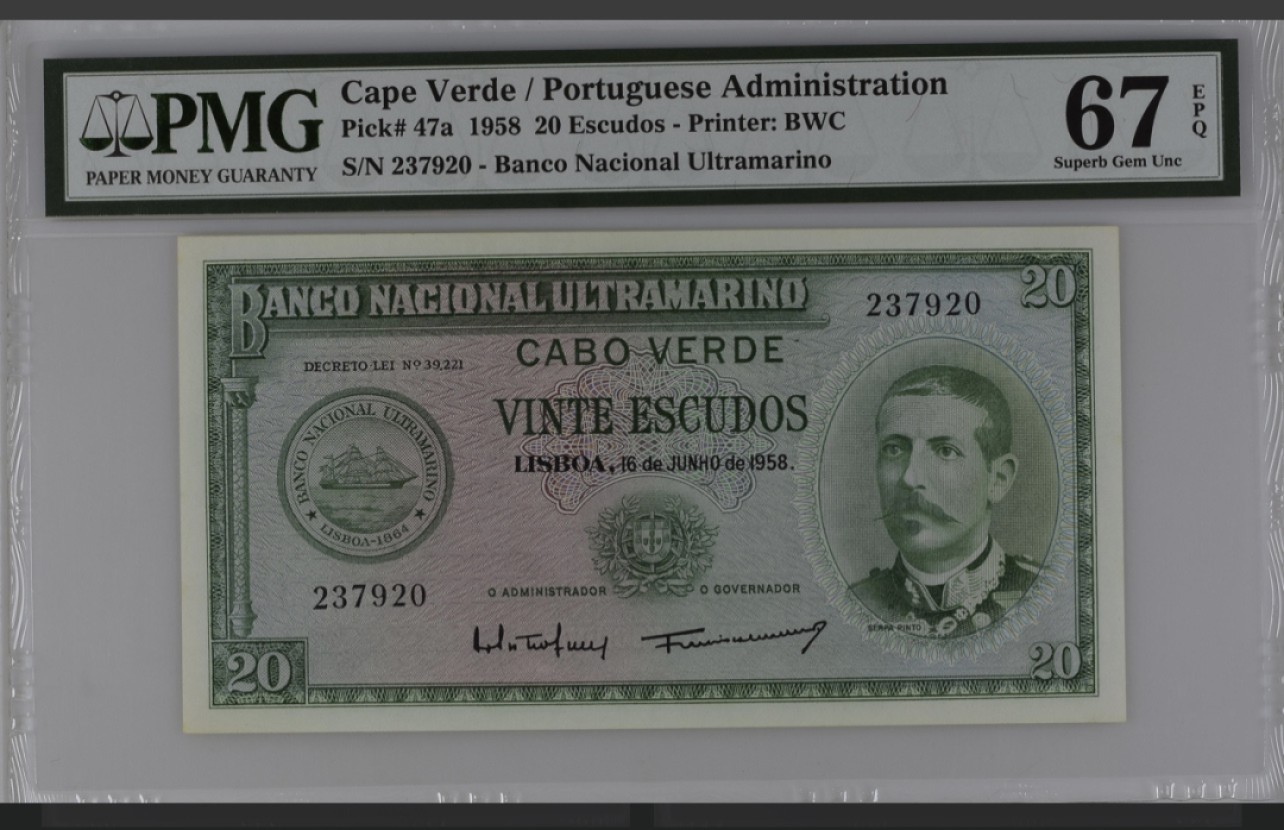 收藏联盟Quantum Auction 第249期拍卖  佛得角(葡属时期)1958年20埃斯库多 PMG67 唯一冠军分 BWC精品