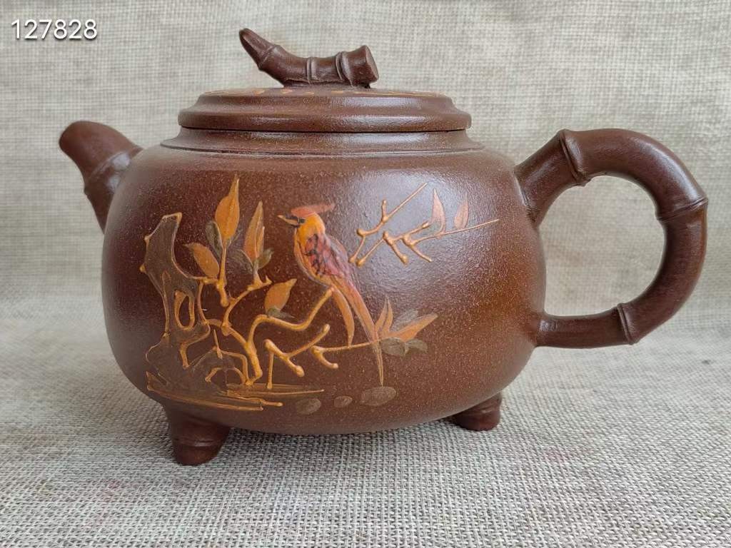 旧藏 紫砂壶有兰秘制款老紫砂砂料制成 彩绘花鸟纹 诗文 全品器 制作精良 品相完好