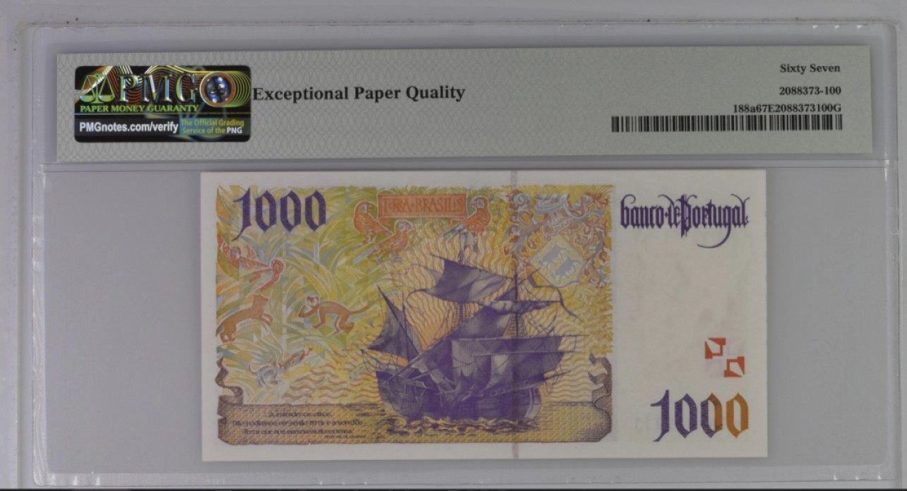 收藏联盟Quantum Auction 第249期拍卖  葡萄牙1996年1000埃斯库多 PMG67 初版1A冠 少见