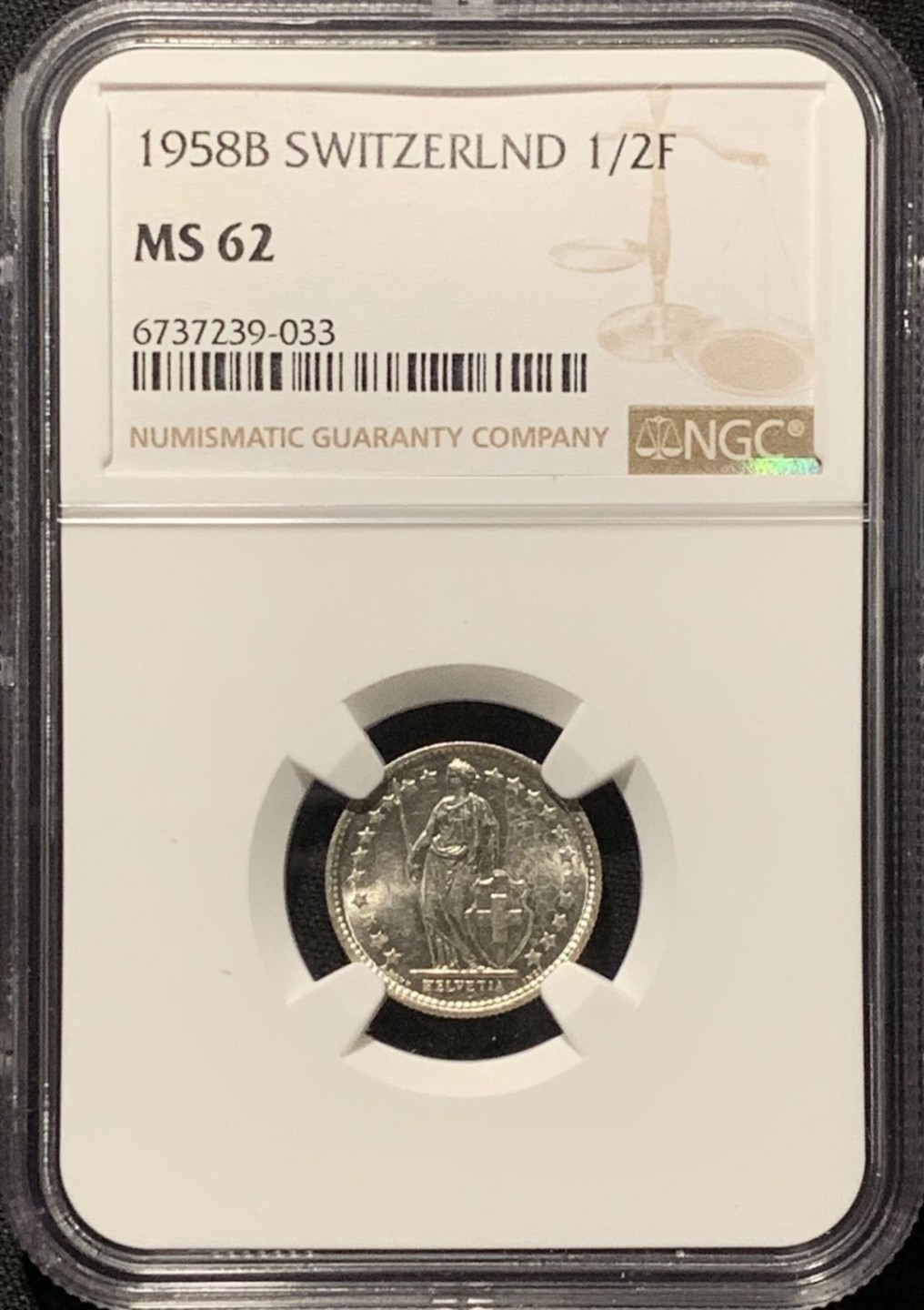 紫瑗钱币——第262期拍卖 瑞士 1958年 赫尔维蒂亚 1/2法郎 银币 NGC MS62