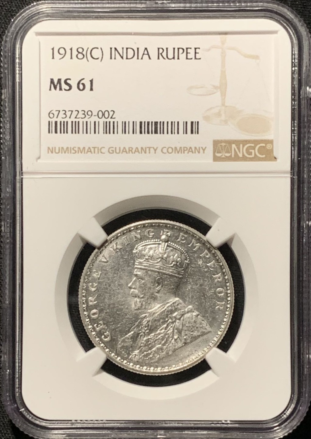 紫瑗钱币——第262期拍卖 英属印度 1918年 C版 乔治五世 1卢比 银币 NGC MS61