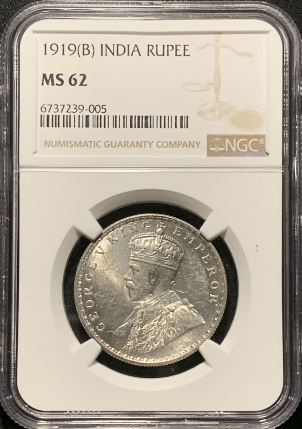 紫瑗钱币——第262期拍卖 英属印度 1919年 B版 乔治五世 1卢比 银币 NGC MS62