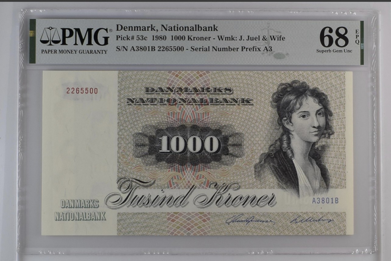 收藏联盟Quantum Auction 第249期拍卖  丹麦1980年1000克朗 PMG68 稀有年份 无47 大松鼠 美女作家海贝尔夫人