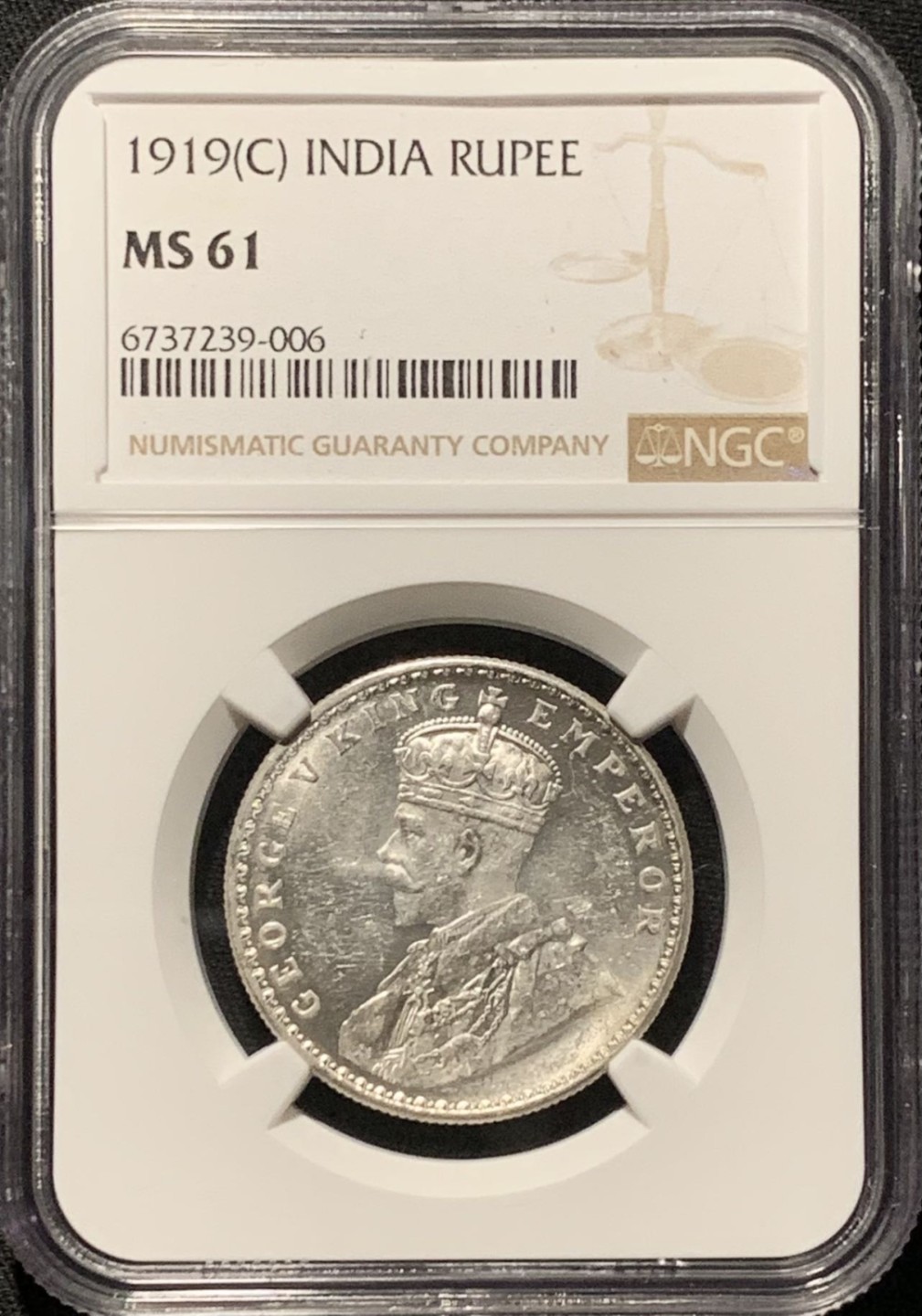 紫瑗钱币——第262期拍卖 英属印度 1919年 C版 乔治五世 1卢比 银币 NGC MS61