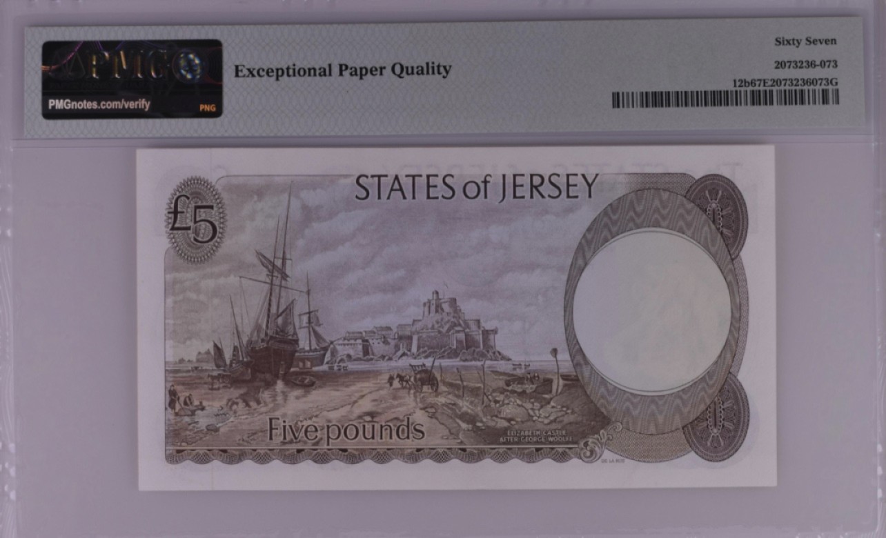 收藏联盟Quantum Auction 第249期拍卖  泽西岛1976-88年5镑 PMG67 百位号 伊丽莎白城堡