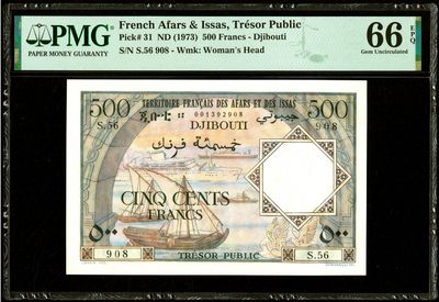 【Blue Auction】✨世界纸币精拍第312期——小精品场 - 【908倒置号 少见品种】法属阿法尔和伊萨斯 1973年500法郎 经典小鹿 PMG66EPQ 绝品 精美