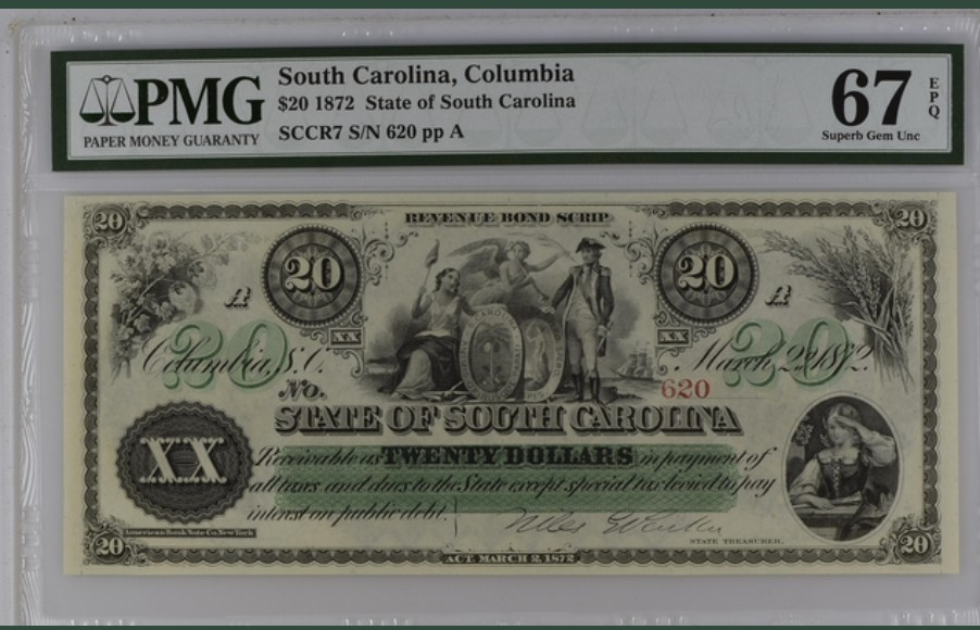 收藏联盟Quantum Auction 第250期拍卖  南卡罗莱纳州1872年20元 PMG67 带签实票 