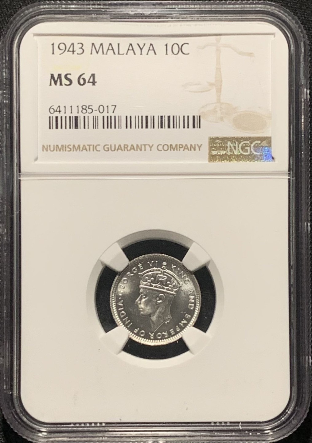 紫瑗钱币——第264期拍卖 马来亚 1943年 乔治六世 10分 银币 NGC MS64