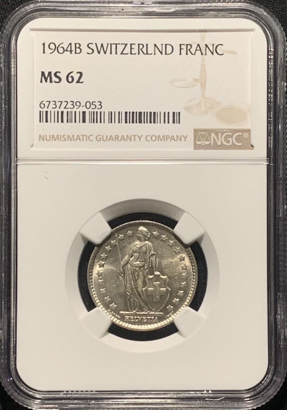 紫瑗钱币——第264期拍卖 瑞士 1964年 赫尔维蒂亚 1法郎 银币 NGC MS62