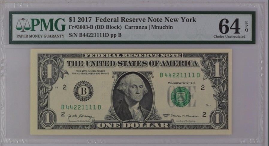 收藏联盟Quantum Auction 第250期拍卖  美国2017年联邦储备券1元 PMG64e 狮子号1111