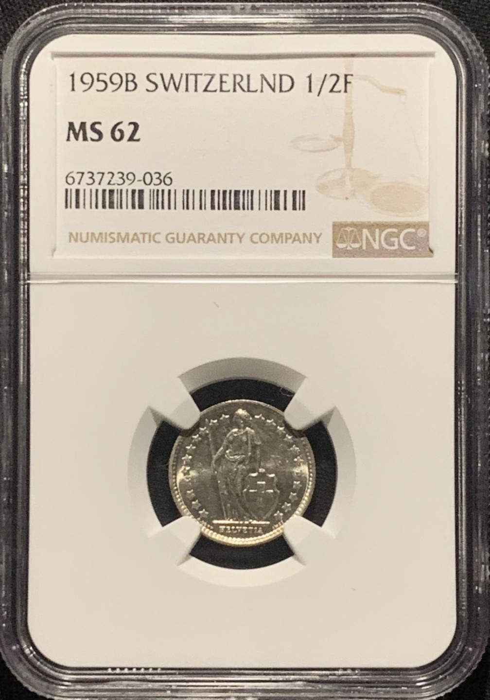 紫瑗钱币——第264期拍卖 瑞士 1959年 赫尔维蒂亚 1/2法郎 银币 NGC MS62