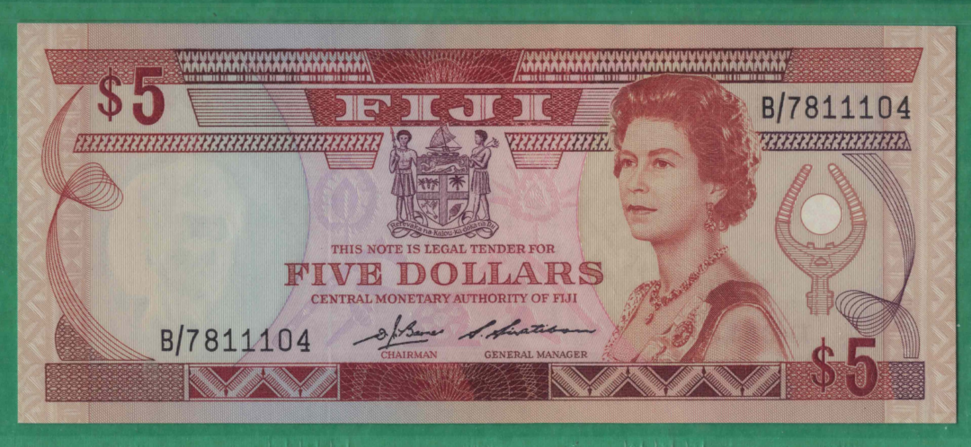 斐济5元 1986年 P-83a 大洋洲纸币 实物如图 UNC