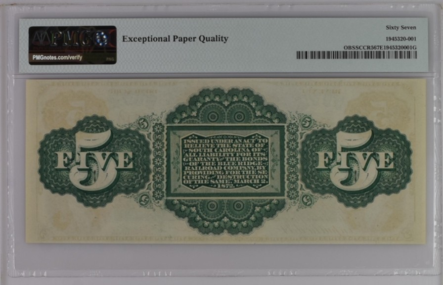 收藏联盟Quantum Auction 第250期拍卖  南卡罗莱纳州1872年5元 PMG67 带签实票 