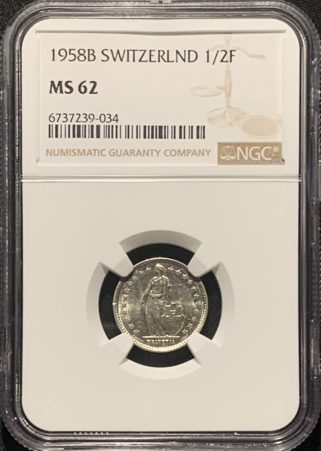 紫瑗钱币——第264期拍卖 瑞士 1958年 赫尔维蒂亚 1/2法郎 银币 NGC MS62