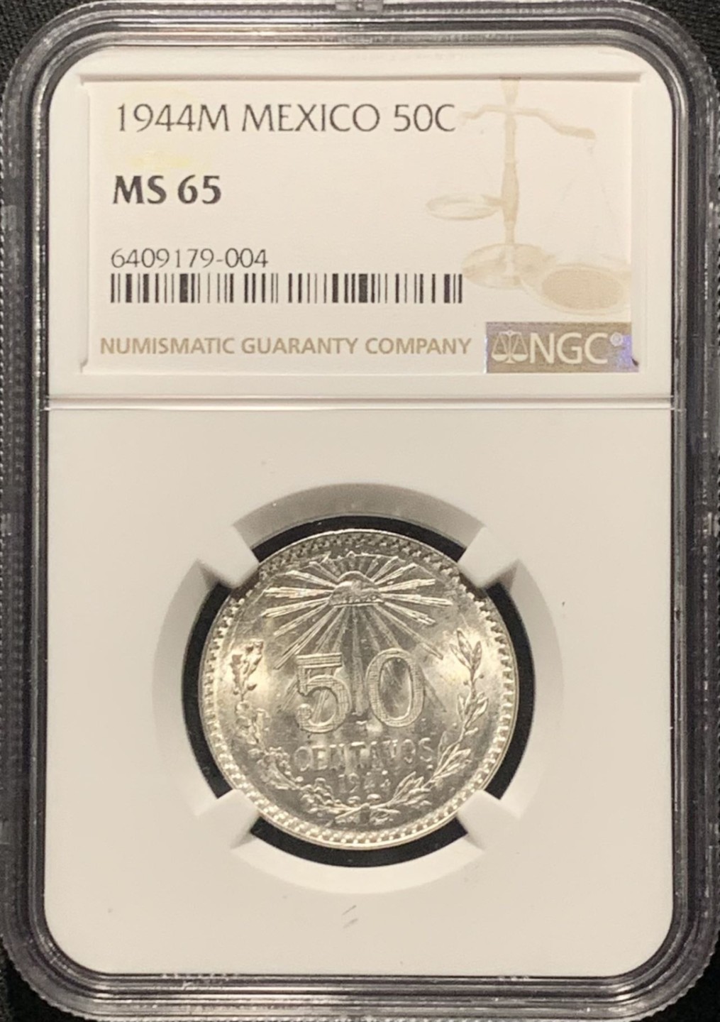 紫瑗钱币——第264期拍卖 墨西哥 1944年 M版 鹰洋 50分 银币 NGC MS65