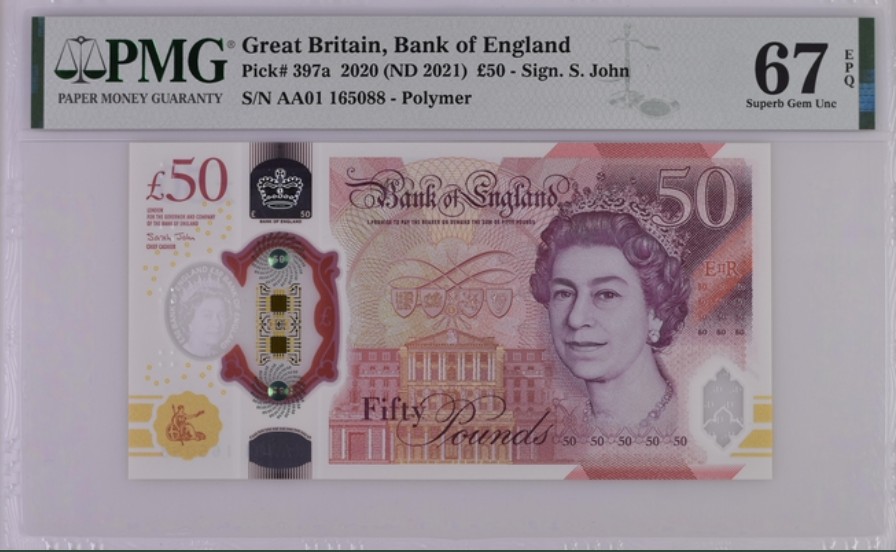 收藏联盟Quantum Auction 第250期拍卖  英国2020年50镑 PMG67 首发AA01冠 计算机学家图灵