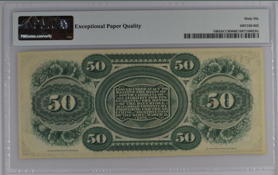 收藏联盟Quantum Auction 第250期拍卖  南卡罗莱纳州1872年50元 PMG66 带签实票 