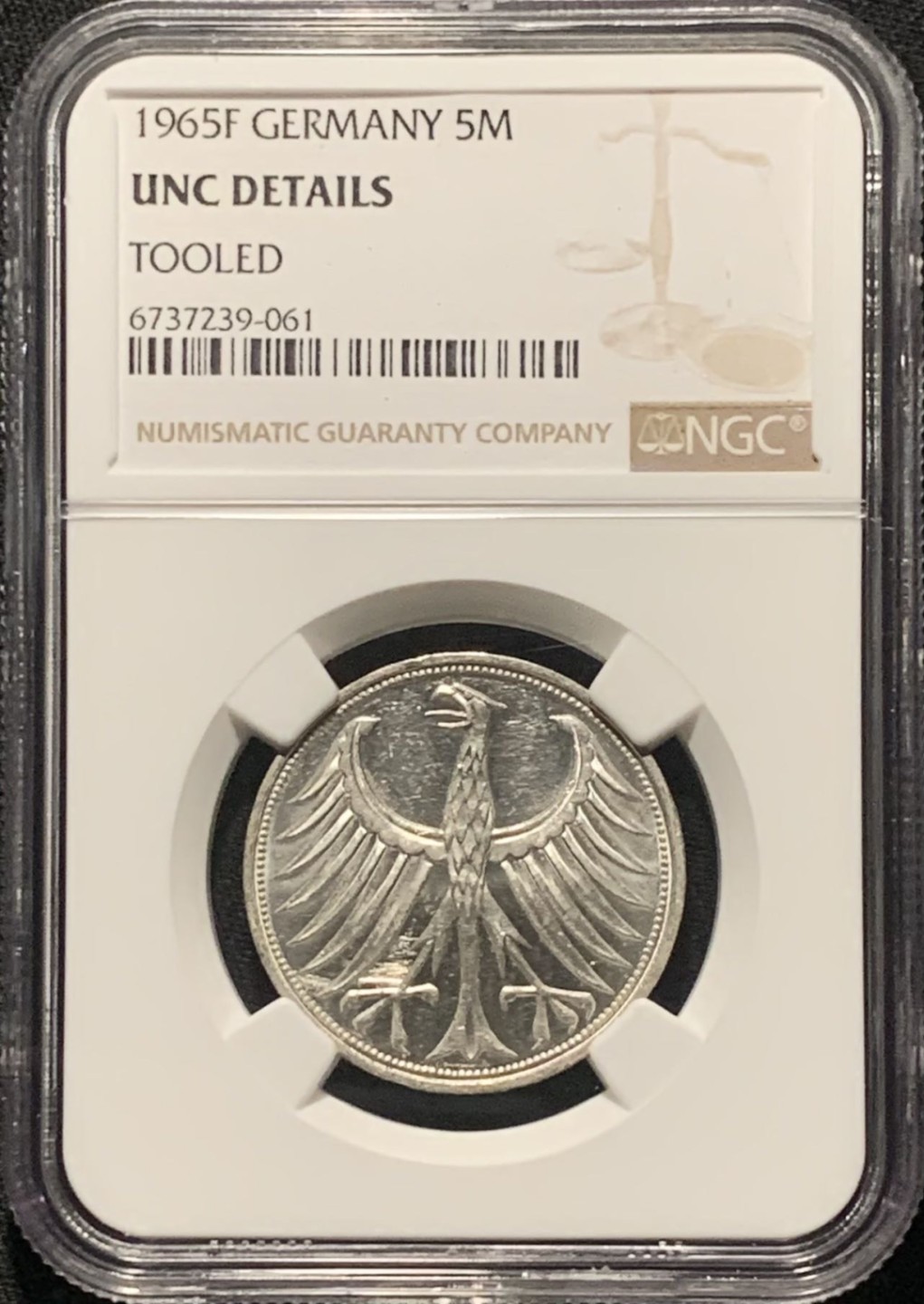紫瑗钱币——第264期拍卖 联邦德国 1965年 F版 鹰徽 5马克 银币 NGC UNC Detail