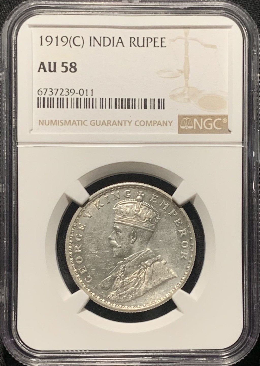 紫瑗钱币——第264期拍卖 英属印度 1919年 C版 乔治五世 1卢比 银币 NGC AU58