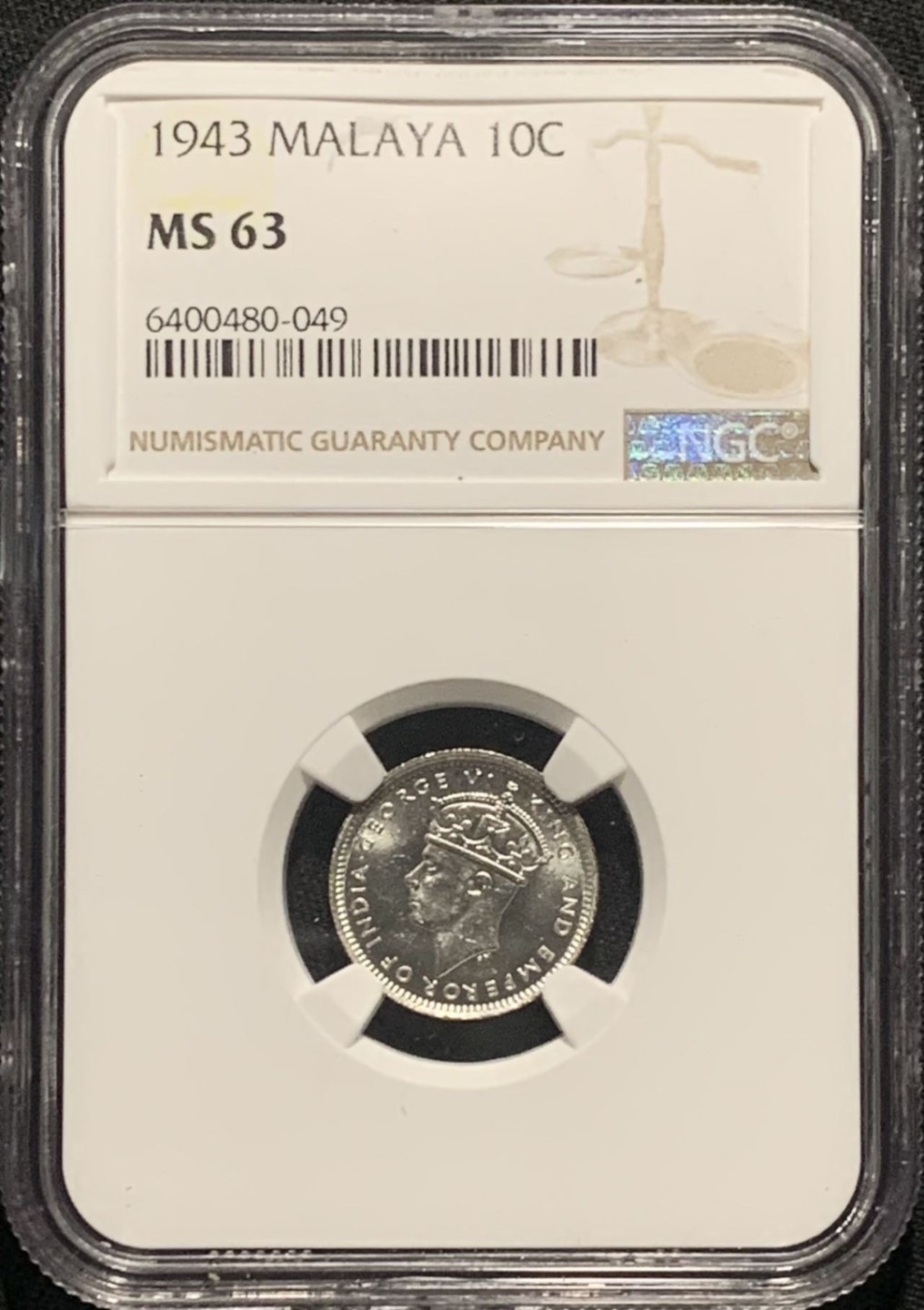 紫瑗钱币——第264期拍卖 马来亚 1943年 乔治六世 10分 银币 NGC MS63