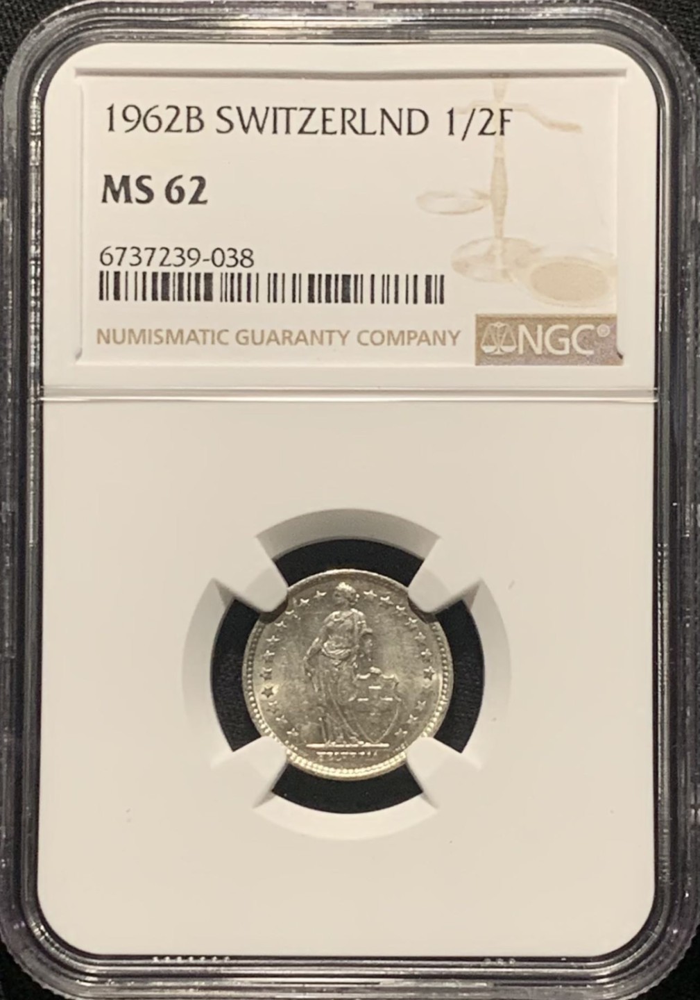 紫瑗钱币——第264期拍卖 瑞士 1962年 赫尔维蒂亚 1/2法郎 银币 NGC MS62