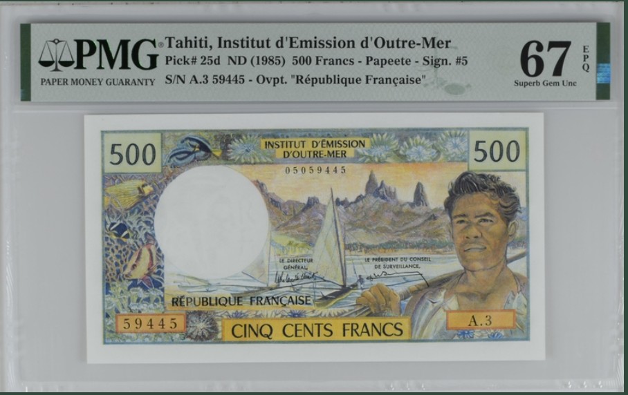 收藏联盟Quantum Auction 第250期拍卖  大溪地1985年500法郎 PMG67