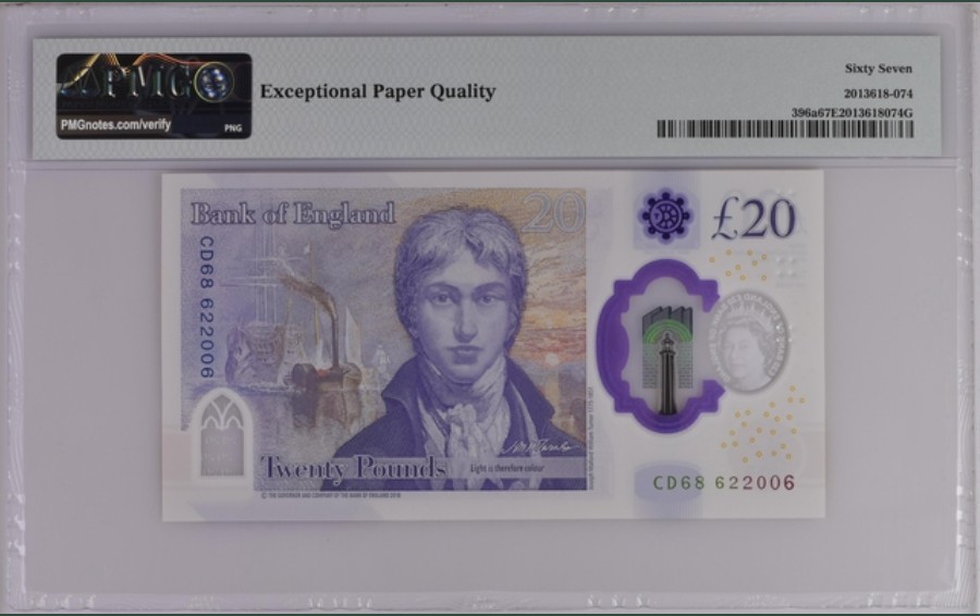 收藏联盟Quantum Auction 第250期拍卖  英国2018版20镑 PMG67 号码无47 画家约瑟夫·特纳