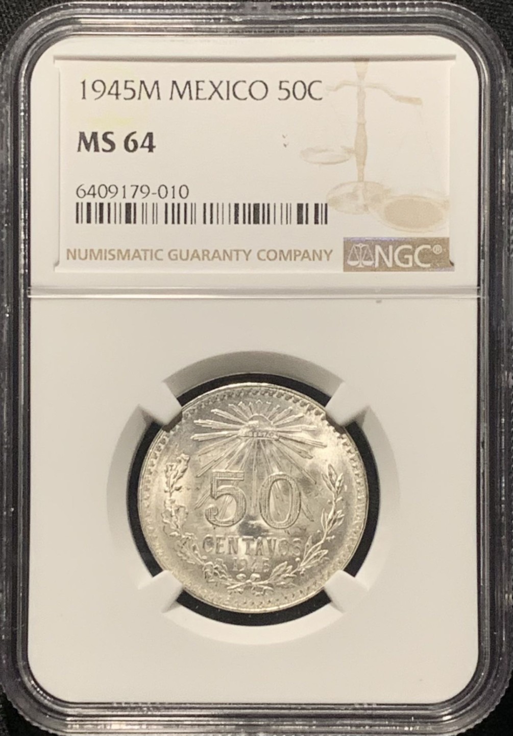 紫瑗钱币——第264期拍卖 墨西哥 1945年 M版 鹰洋 50分 银币 NGC MS64