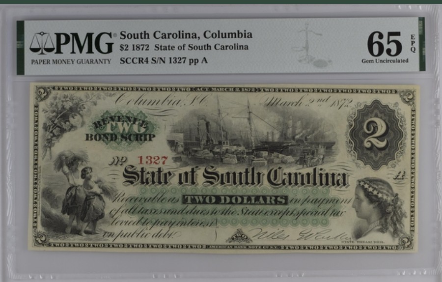 收藏联盟Quantum Auction 第250期拍卖  南卡罗莱纳州1872年2元 PMG65 带签实票 