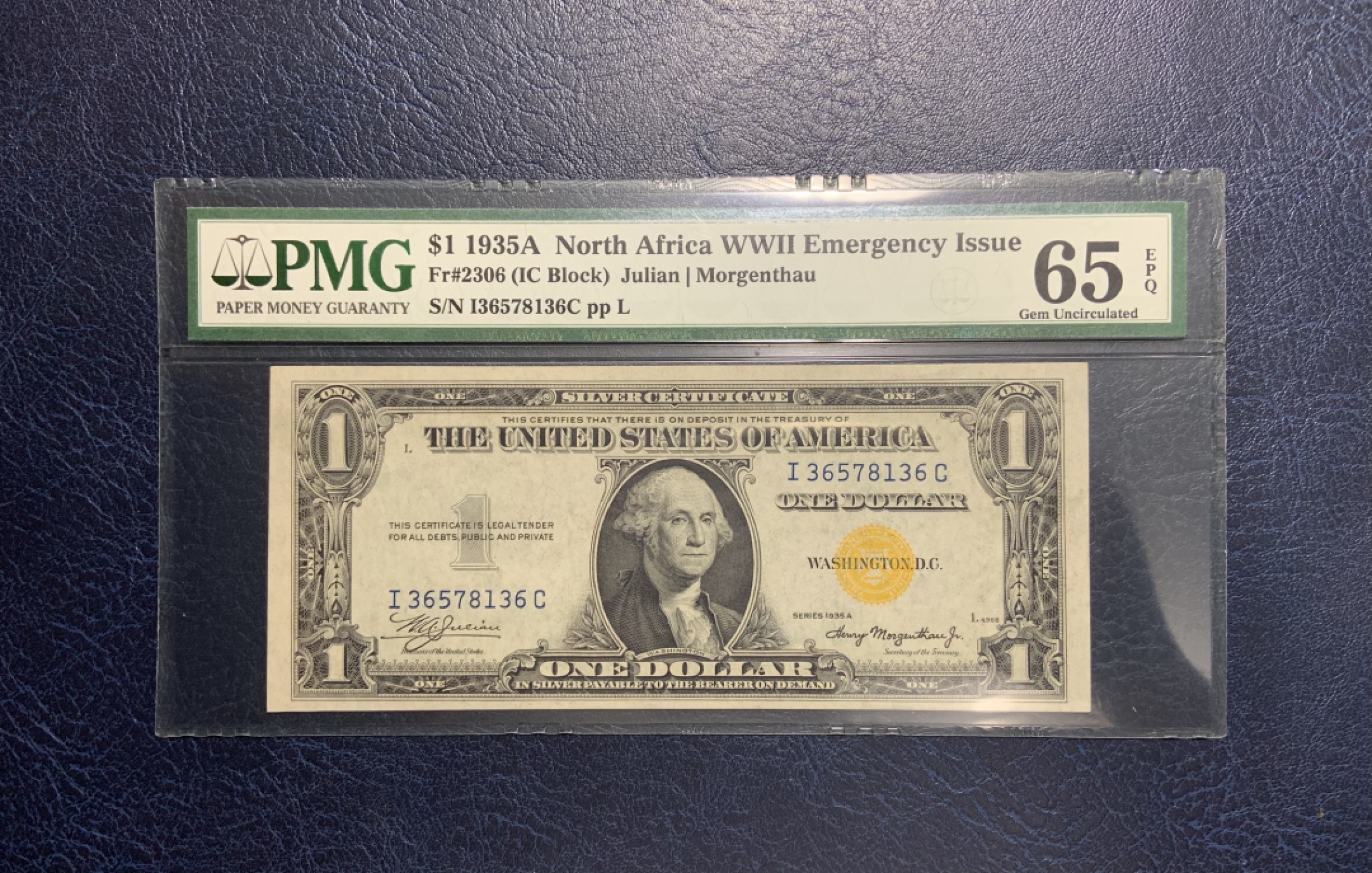 收藏联盟Quantum Auction 第250期拍卖  美国1935年北非券1元 PMG65 