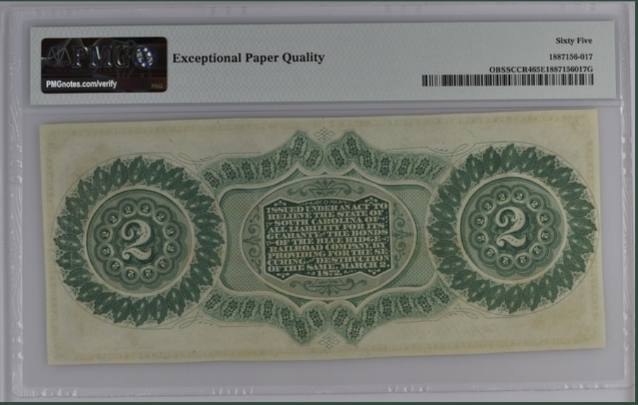 收藏联盟Quantum Auction 第250期拍卖  南卡罗莱纳州1872年2元 PMG65 带签实票 