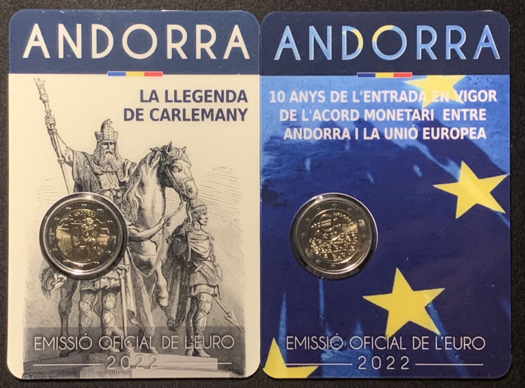 紫瑗钱币——第264期拍卖 安道尔 2022年 查理曼大帝的传奇”与“安道尔与欧盟签订欧元使用协定10周年” 2欧元 2枚一套 原厂卡装
