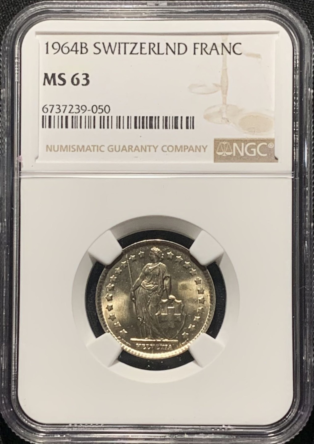 紫瑗钱币——第264期拍卖 瑞士 1964年 赫尔维蒂亚 1法郎 银币 NGC MS63